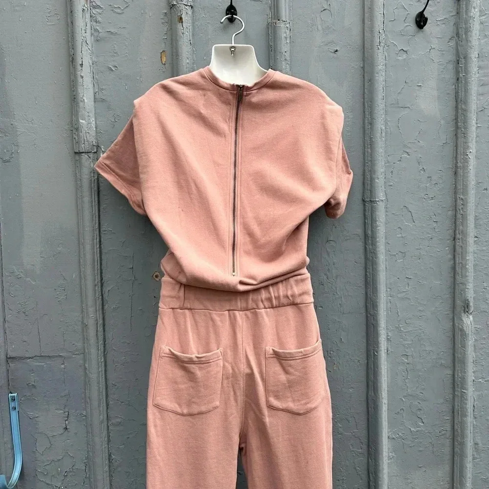 Pistola Clarisse French  Terry Shoulder Pleat Jumpsuit in Cameo Pink, size XS - Picture 11 of 14
